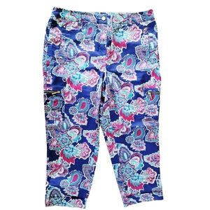 Chico's 1‎ Paisley Cuffed Crop Pants Ultimate Fit Medium Blue Maroon White NEW